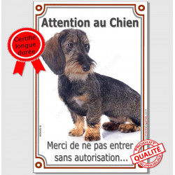 Teckel Poils Durs, Plaque Portail "Attention au Chien, interdit sans autorisation" verticale, pancarte, affiche panneau photo