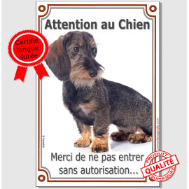 Teckel sanglier à Poils Durs, Plaque Portail "Attention au Chien, entrez pas sans autorisation" verticale photo résiste intempér