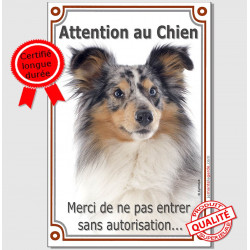 Shetland Merle Tête, Plaque Portail "Attention au Chien verticale, interdit sans autorisation" pancarte, affiche panneau photo