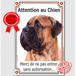 Bullmastiff Fauve Tête, Plaque Portail Attention au Chien verticale, pancarte panneau interdit sans autorisation