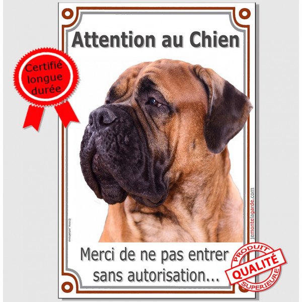 Bullmastiff Fauve Tête, Plaque Portail Attention au Chien verticale, pancarte panneau interdit sans autorisation