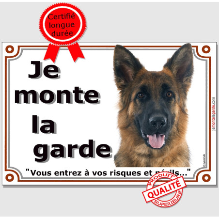 Berger Allemand poils longs, plaque portail photo "Je Monte la Garde, vous entrez à vos risques et périls" 3 tailles D