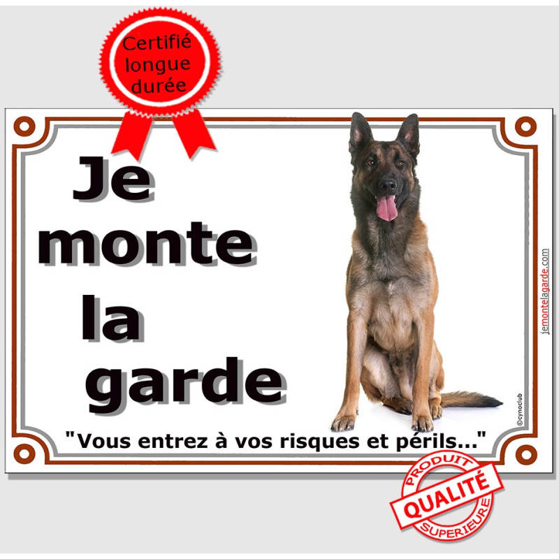 Berger Belge Malinois assis, plaque portail "Je Monte la Garde, risques et périls" pancarte panneau sombre foncé photo Berger Belge Malinois assis, plaque portail "Je Monte la Garde, risques et périls" pancarte panneau sombre foncé photo