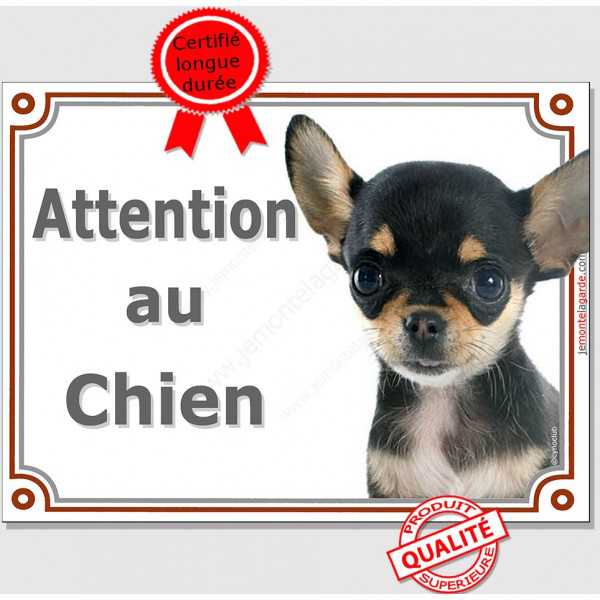 Chihuahua Noir et Feu à poils courts tête, Plaque portail "Attention au Chien" panneau affiche pancarte photo