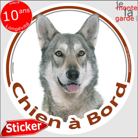 Chien-Loup de Saarloos Tête, sticker autocollant rond "Chien à Bord" Disque adhésif vitre voiture photo, résiste pluie soleil ge