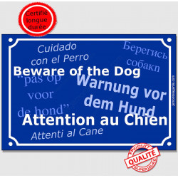 Plaque de rue bleue "Attention au Chien" multilingue 24 cm pour lieux accueillant des étrangers