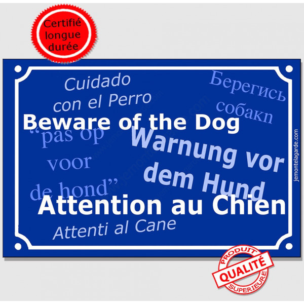 Plaque de rue bleue "Attention au Chien" multilingue 24 cm pour lieux accueillant des étrangers