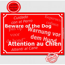 Plaque de rue rouge "Attention au Chien" multilingue 24 cm pour lieux accueillant des étrangers
