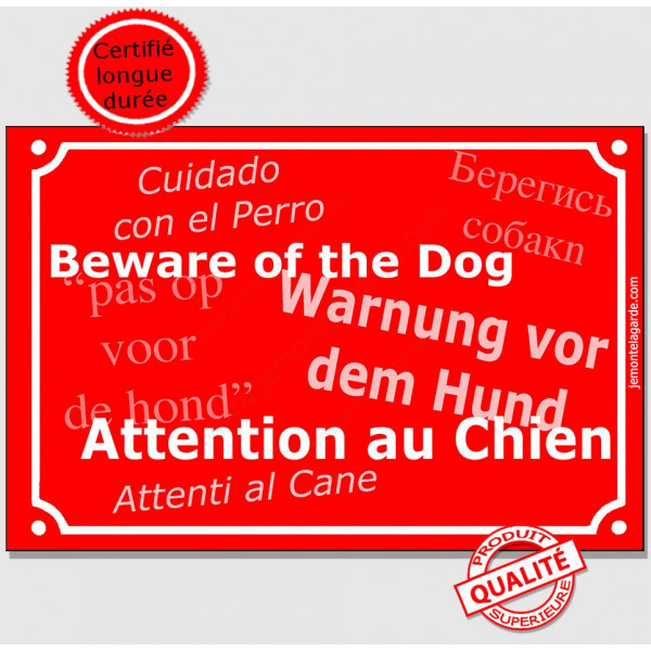 Plaque de rue rouge "Attention au Chien" multilingue 24 cm pour lieux accueillant des étrangers