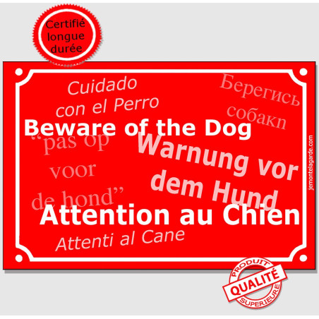Plaque rouge "Attention au Chien" multilingue (français, anglais...) résiste pluie soleil gel, idée cadeau, 2 Tailles D Plaque rouge "Attention au Chien" multilingue (français, anglais...) résiste pluie soleil gel, idée cadeau, 2 Tailles D