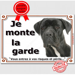 Cane Corso Italiano noir, Plaque portail "je Monte la Garde, risques périls" Affiche, panneau pancarte attention au chien photo
