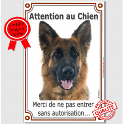 Berger Allemand poils mi-longs tête, plaque portail verticale "Attention au Chien, interdit sans autorisation" pancarte photo