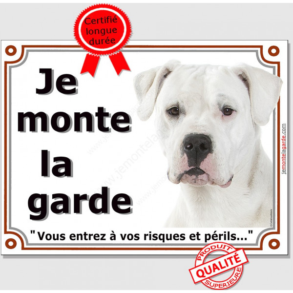 Dogue Argentin Blanc Tête, plaque portail "je Monte la Garde, risques et périls" panneau pancarte attention au chien photo