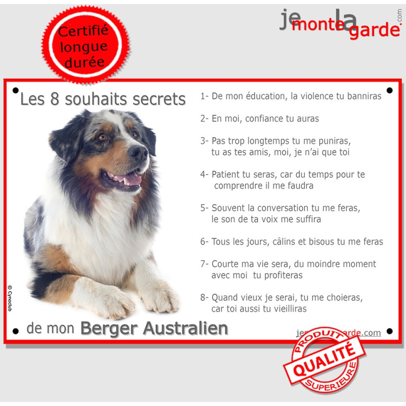Berger Australien bleu Merle Couché, Plaque Portail Les 8 Souhaits Secrets, pancarte, affiche panneau, commandements éducation r Berger Australien bleu Merle Couché, Plaque Portail Les 8 Souhaits Secrets, pancarte, affiche panneau, commandements éducation r