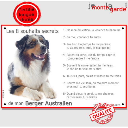 Plaque photo "Les 8 Souhaits Secrets du Berger Australien" résiste dehors, 2 Tailles Plaque photo "Les 8 Souhaits Secrets du Berger Australien" résiste dehors, 2 Tailles