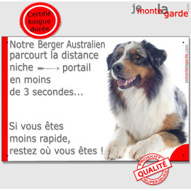 Berger Australien Bleu Merle couché, Plaque attention au chien humour distance niche-portail 3 secondes, pancarte drôle, affiche