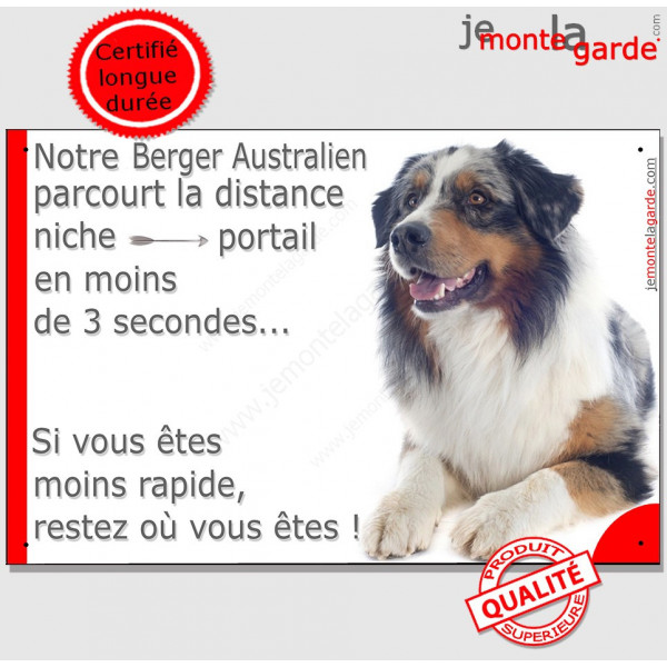 Berger Australien Bleu Merle couché, Plaque attention au chien humour distance niche-portail 3 secondes, pancarte drôle, affiche
