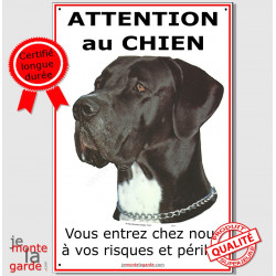 Dogue Allemand Noir, panneau portail "Attention au chien, risques et périls" photo danois plaque pancarte affiche
