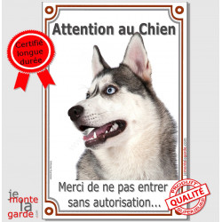 Husky gris Tête, plaque verticale "Attention au Chien" 24 cm VL