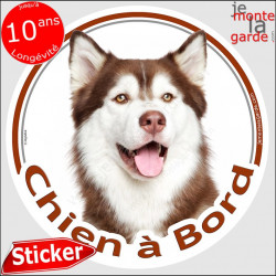 Husky Marron, sticker voiture rond "Chien à Bord" 14 cm