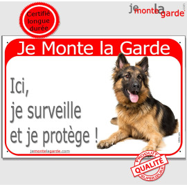 Berger Allemand Poil Long couché  Panneau Portail Je Monte la Garde, plaque pancarte je surveille et protège attention au chien