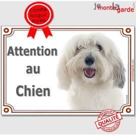 Coton de Tuléar avec une tâche à l'oreille, Plaque portail "Attention au Chien" photo, résiste à l'extérieur, fabriqué en France