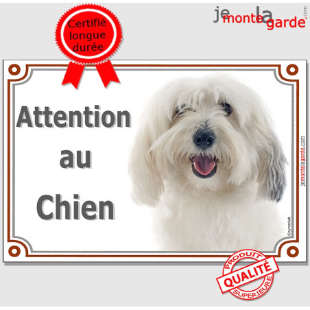 Coton de Tuléar avec une tâche à l'oreille, Plaque portail "Attention au Chien" photo, résiste à l'extérieur, fabriqué en France