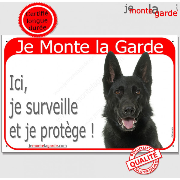 Berger Allemand tout noir poils courts tête, plaque portail rouge "Je Monte la Garde" pancarte surveille protège panneau photo