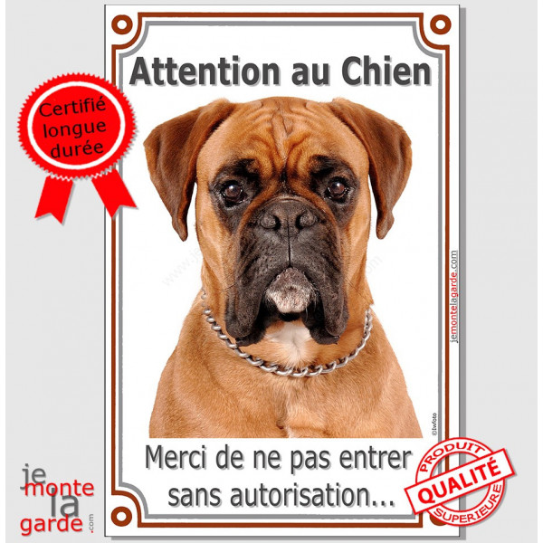 Boxer Fauve tête, Plaque portail verticale "Attention au Chien, interdit sans autorisation" affiche panneau pancarte photo race