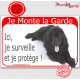 Terre Neuve Noir Couché, plaque portail rouge "Je Monte la Garde, surveille protège" pancarte panneau photo visible