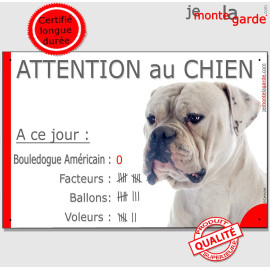 Bouledogue Américain Blanc, plaque portail humour "Attention au chien, Nombre de Voleurs, ballons, facteurs" photo, résiste plui