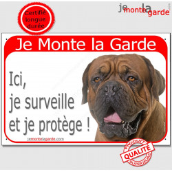 Dogue de Bordeaux face noire Tête, plaque portail rouge "Je Monte la Garde, surveille et protège" panneau pancarte