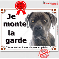 Cane Corso gris, plaque portail "Je Monte la Garde, risques et périls" pancarte panneau photo attention au chien