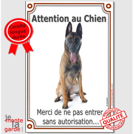 Berger Belge Malinois Assis, Plaque Portail "Attention au Chien, merci de ne pas entrer sans autorisation" verticale photo, rési