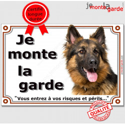 Berger Allemand Poils Longs noir et feu, Plaque "Je Monte la Garde, risques périls" panneau affiche pancarte photo
