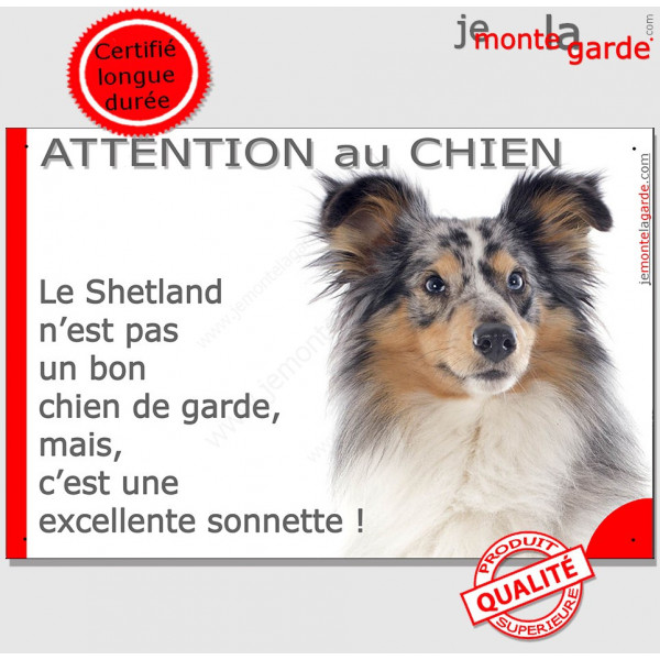Plaque portail humour "Attention au Chien, notre Berger des Shetlands bleu merle est une sonnette" pancarte panneau drôle photo