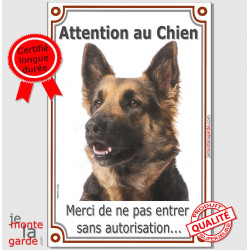 Berger Allemand poils mi-longs tête, plaque portail verticale "Attention au Chien, interdit sans autorisation" photo