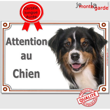 Berger Australien Tricolore Noir, plaque portail photo "Attention au Chien" résiste pluie soleil gel, idée cadeau, 2 tailles D