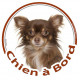 Sticker autocollant rond "Chien à Bord" 15 cm, Chihuahua chocolat marron brun poils longs Tête adhésif vitre voiture