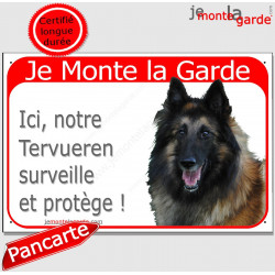 Berger Belge Tervueren tête, Pancarte Portail rouge "Je Monte la Garde, surveille et protège" affiche panneau plaque photo