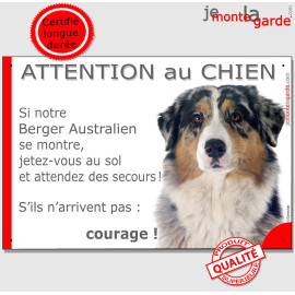 Berger Australien Bleu Merle, Panneau humour "Attention au Chien, jetez-vous au sol et attendez secours" photo