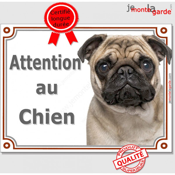 Carlin fauve Tête, Plaque portail "Attention au Chien" panneau affiche pancarte photo carlin beige sable crème