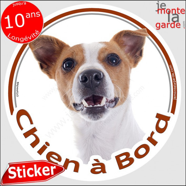 Jack Russell Terrier blanc avec des tâches fauve marron, sticker autocollant rond "Chien à Bord" adhésif voiture photo