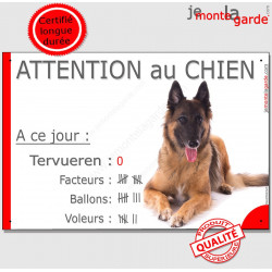 Plaque portail humour Attention au Chien Nombre de Voleurs, ballons, facteurs, Berger Belge Tervueren couché, pancarte drôle pan