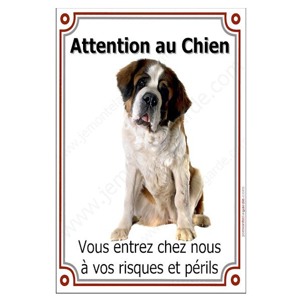 St-Bernard Assis, Plaque Portail "Attention au Chien, risques périls" verticale, pancarte, affiche panneau Saint-Bernard photo