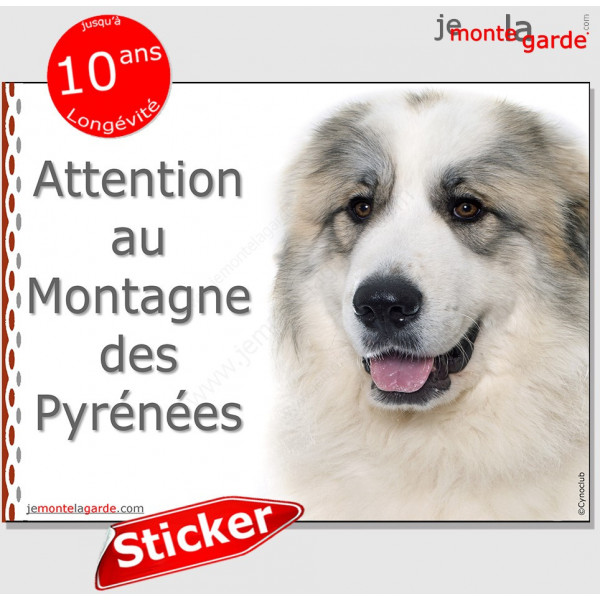 Montagne des Pyrénées, panneau autocollant "Attention au Chien" Pancarte sticker photo race, adhésif