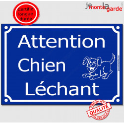 Pancarte portail drôle bleue "Attention, chien Léchant" horizontale plaque humour panneau