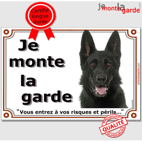 Berger Allemand tout Noir à poils courts, plaque portail "Je Monte la Garde, vous entrez à vos risques et périls" 3 tailles D