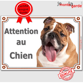Bulldog Anglais fauve et blanc, Plaque portail photo "Attention au Chien" résiste pluie soleil gel, idée cadeau