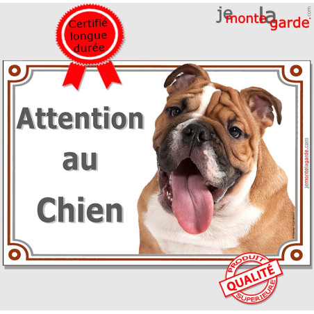 Bulldog Anglais fauve et blanc, Plaque portail photo "Attention au Chien" résiste pluie soleil gel, idée cadeau